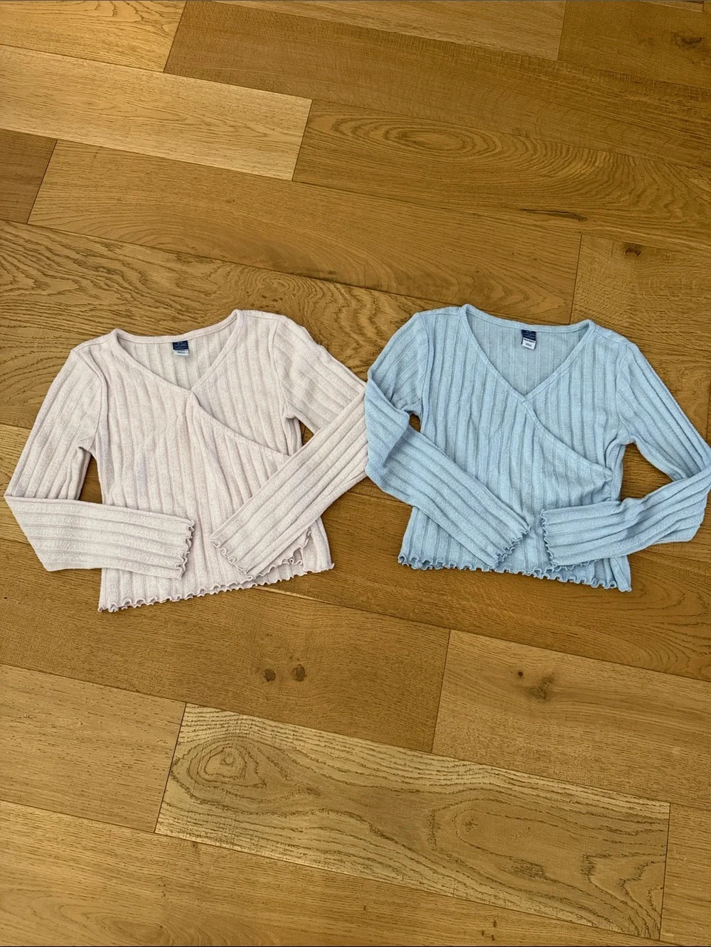 Old Navy Ribbed V-Neck Wrap Sweaters in Pale Pink & Light Blue